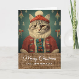 Tarjeta Vintage Rustic Funny Cat in Costume Christmas