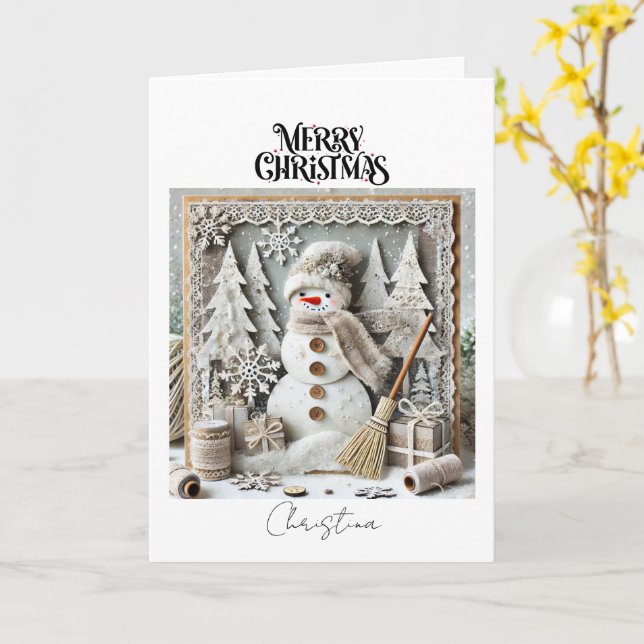 Tarjeta Vintage Rustic Merry Christmas Snowman (flor amarilla)