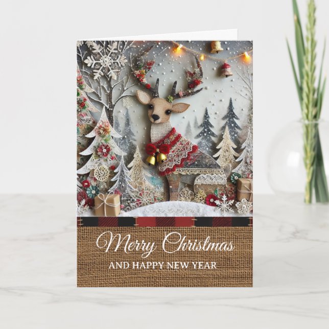 Tarjeta Vintage Rustic Reindeer Merry Christmas  (Anverso)