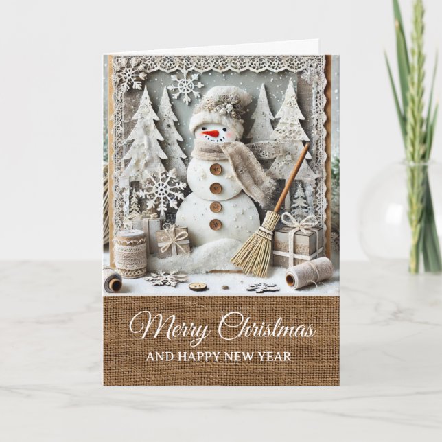 Tarjeta Vintage Rustic Snowman Merry Christmas  (Anverso)