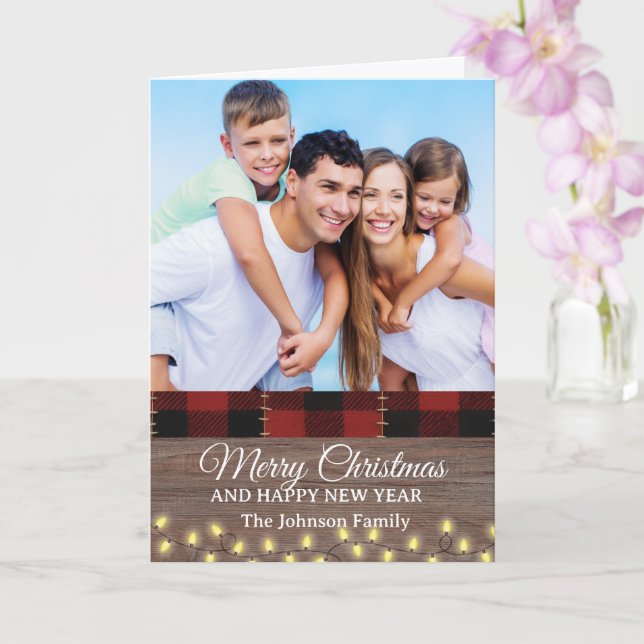 Tarjeta Vintage Rustic Wood Buffalo Plaid Photo Christmas  (Orquídea)