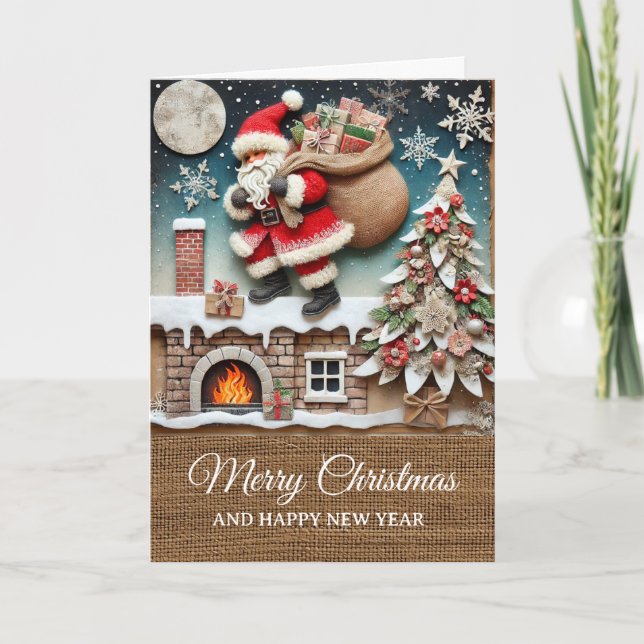 Tarjeta Vintage Rústico Santa Chimenea Feliz Navidad  (Anverso)