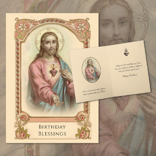 Tarjeta Vintage Sagrado Corazón de Jesús Cumpleaños Religi