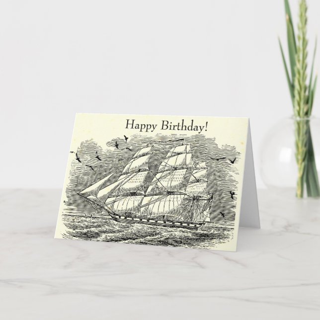 Tarjeta Vintage Sailing Ship Engraving Cumpleaños (Anverso)