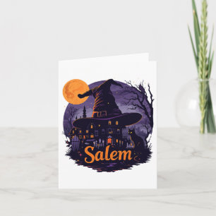Tarjeta Vintage Salem Machusetts Halloween Skyline Citysca