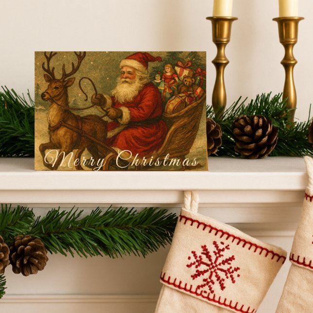Tarjeta Vintage Santa Sleigh Ride Feliz Navidad (Subido por el creador)