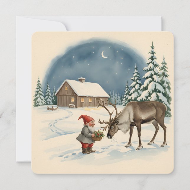 Tarjeta Vintage Scandinavian Christmas Tomte & Reindeer (Anverso)