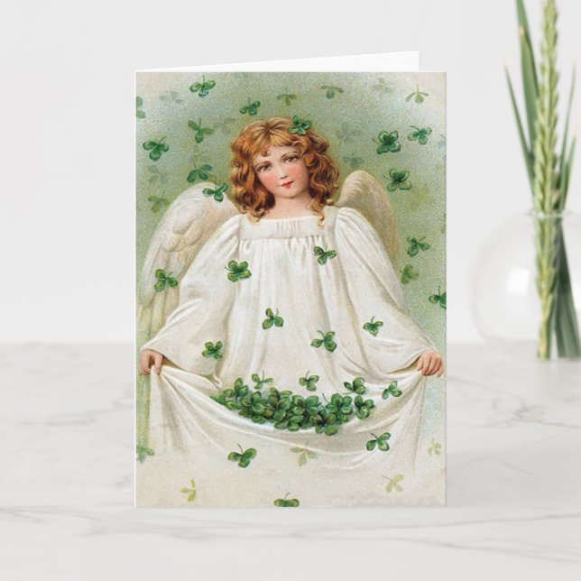 Tarjeta Vintage Shamrock Angel St Patrick's Day Card (Anverso)