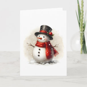 Tarjeta Vintage Snowman Red Scarf Black Gorra Vacaciones e