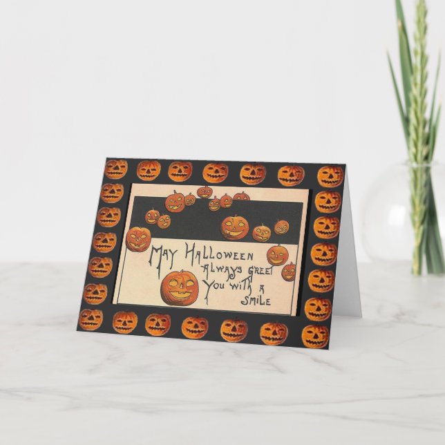 Tarjeta Vintage Sonriente Halloween Jack o'Lanterns (Anverso)