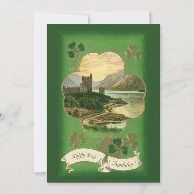 Tarjeta Vintage St Patricks Day Saludos Castillo Shamrock (Anverso)