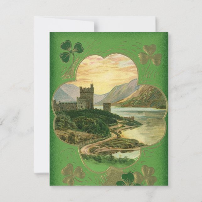 Tarjeta Vintage St Patricks Day Saludos Castillo Shamrock (Anverso)