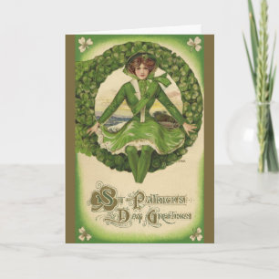 Tarjeta Vintage St. Patrick's Day, Wreath with Irish Lass