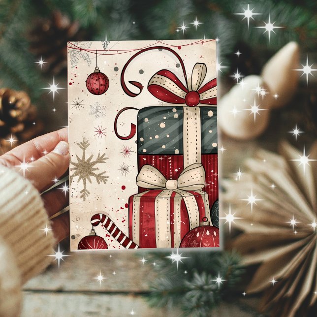Tarjeta Vintage Stacked Christmas Gifts Retro Ornaments (Stacked gifts, candy canes, and retro sparkle make this card a holiday favorite)