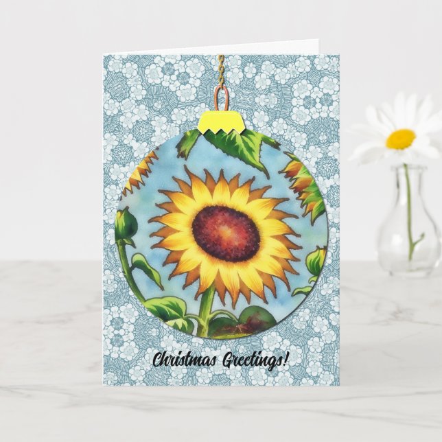 Tarjeta Vintage Sunflower Art Navidad Ornamento azul (Planta pequeña)