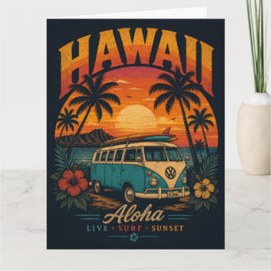 Tarjeta Vintage Sunset Palms Surfboard Aloha Hawaiano