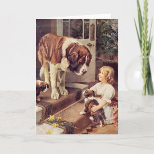 Tarjeta Vintage - Una Chica y sus perros de San Bernardo,
