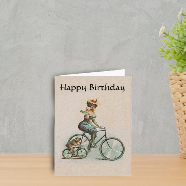 Tarjeta Vintage Victoriana Lady Dog Bicycle Birthday (Victorian lady fancy aqua outfit riding bicycle beside bulldog on bike on tan Birthday greeting card)