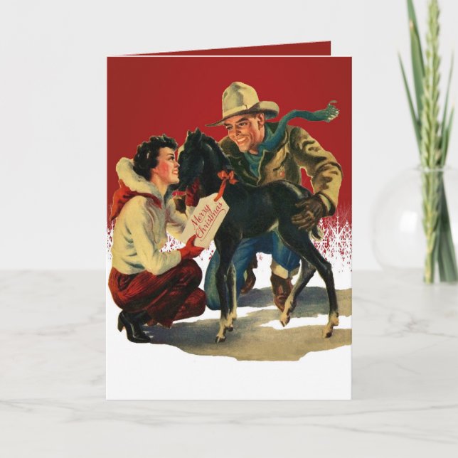 Tarjeta Vintage Western Cowboy Cowgirl Horse Navidades (Anverso)