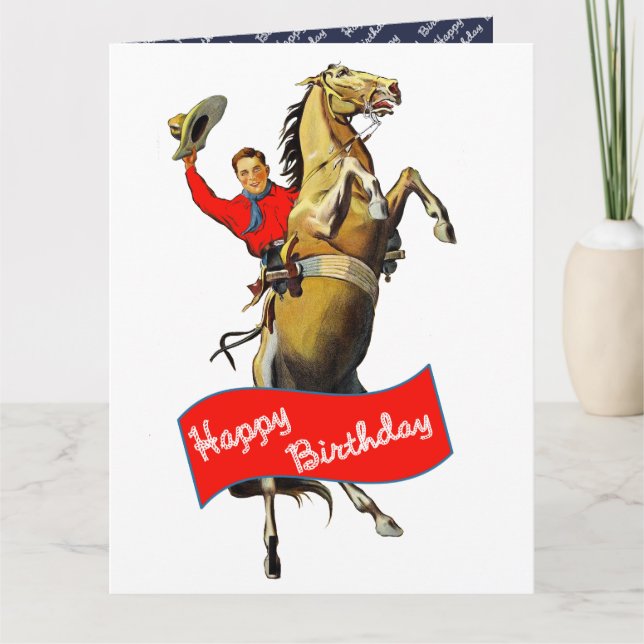 Tarjeta Vintage Western Cowboy cría Caballo Cumpleaños (Anverso)