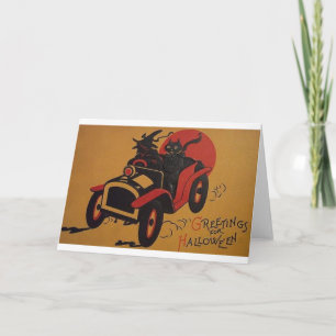 Tarjeta Vintage Witch And Black Cat In Car Halloween Card