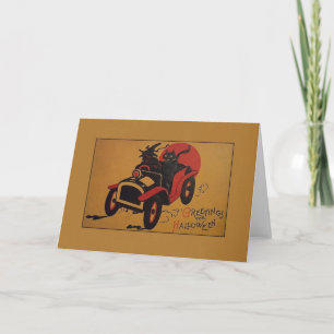 Tarjeta Vintage Witch And Black Cat In Car Halloween Card