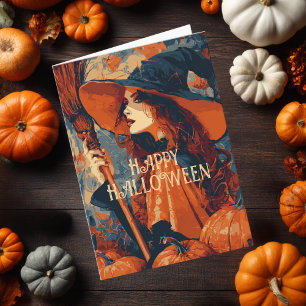 Tarjeta Vintage Witch Broom Pumpkin Elegante Halloween