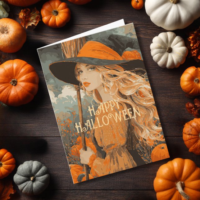 Tarjeta Vintage Witch Broom Pumpkin Elegante Halloween (Subido por el creador)