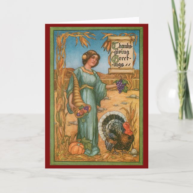 Tarjeta Vintage Woman And Turkey Thanksgiving Card (Anverso)