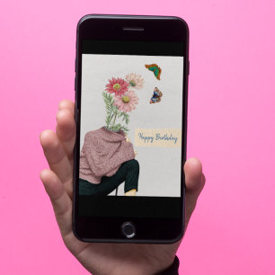 Tarjeta Vintage Woman Daisies Butterflies Feliz cumpleaños