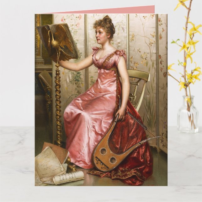 Tarjeta Vintage Woman in Pink Gown (flor amarilla)