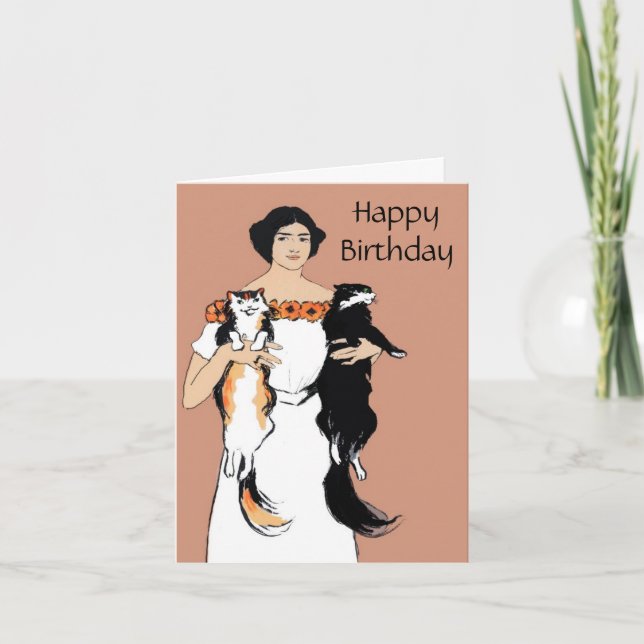 Tarjeta Vintage Woman with Cats Birday Card (Anverso)