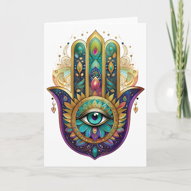 Tarjeta Violet Green Gold Petals Hamsa Turquoise Third Eye (Anverso)