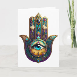 Tarjeta Violeta dorado Teal Hamsa con Tercer Ojo Turquesa