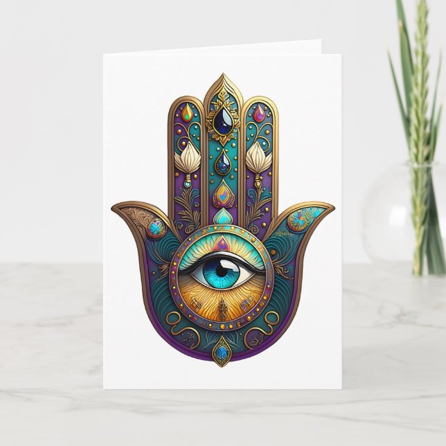 Tarjeta Violeta dorado Teal Hamsa con Tercer Ojo Turquesa (Anverso)