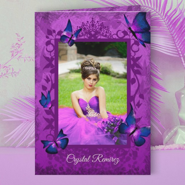 Tarjeta Violeta, púrpura, mariposas azules de la marina Qu (violet magenta purple pink quinceanera invitation, folded invite blue butterflies fancy border frame)