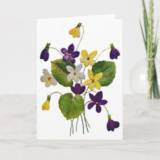 Tarjeta Violetas bordadas blancas, amarillas y púrpuras