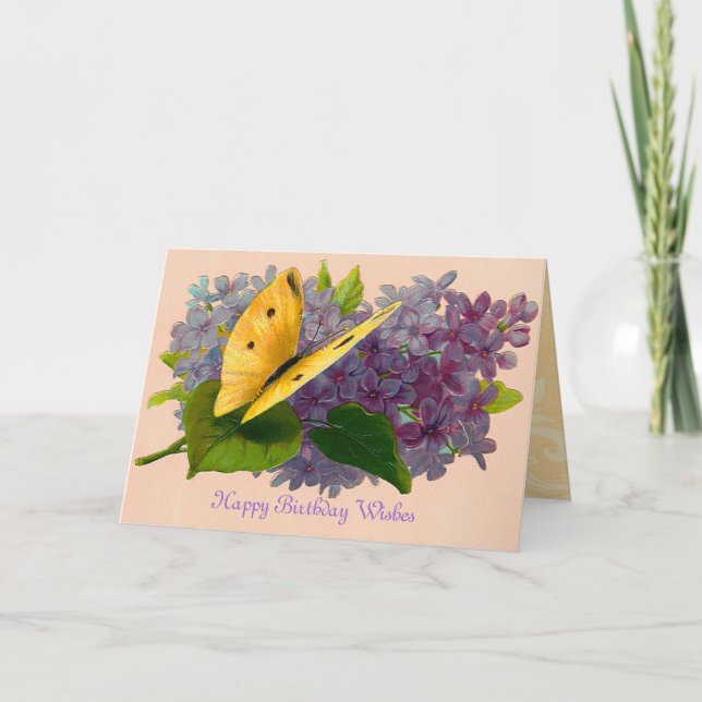 Tarjeta Violetas de época y mariposa (Anverso)