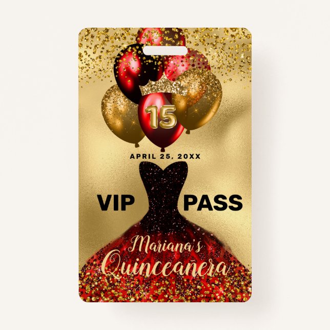 Tarjeta VIP Glam Gold Purpurina Vestido Rojo Quinc (Anverso)