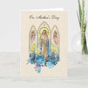Tarjeta Virgen Bendita Vintage María Jesús Floral Azul