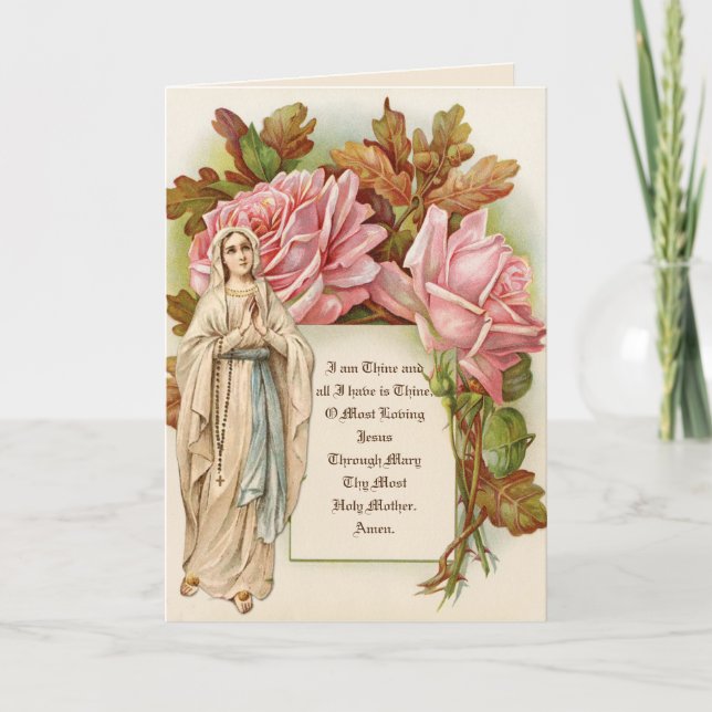Tarjeta Virgen Católica María Rosario Vintage Floral (Anverso)