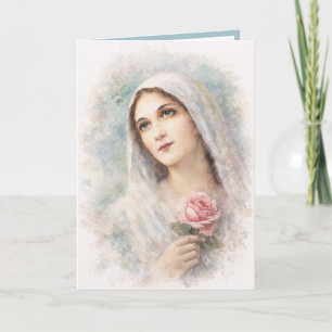 Tarjeta Virgen María Antigua Cruz Acuarela Religiosa