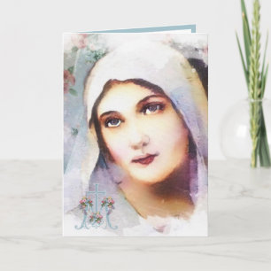 Tarjeta Virgen María Antigua  Cruz Acuarela Religiosa