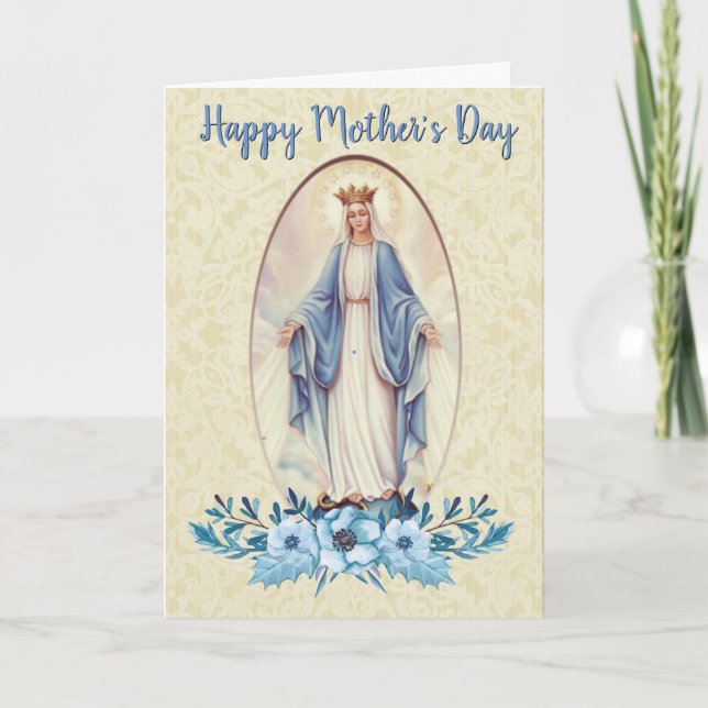 Tarjeta Virgen María | Barrera floral azul | Día de la Mad (Anverso)