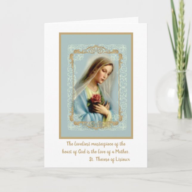Tarjeta Virgen María con la frontera dorada de encaje blan (Anverso)