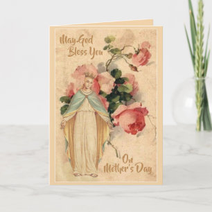 Tarjeta Virgen María Pastel Rosas Día de la Madre