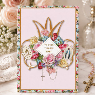 Tarjeta Virgen María Rosas Religiosas Rosario Floral Catól