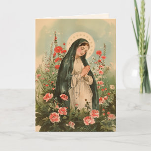 Tarjeta Virgen María Rosas Rojas Santo Rosario Oración