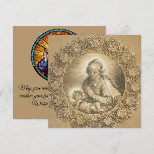 Tarjeta Virgen María y Jesús Religioso Año Nuevo Vintage