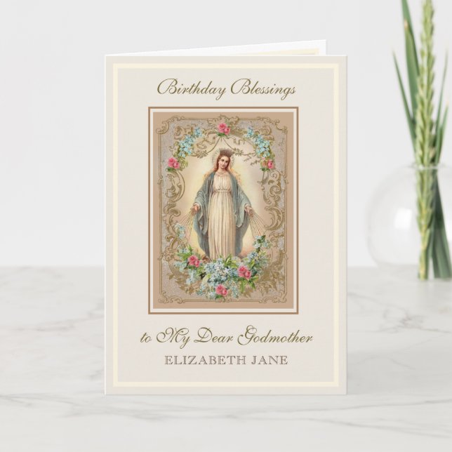 Tarjeta Virgen religiosa María floral Madrina (Anverso)